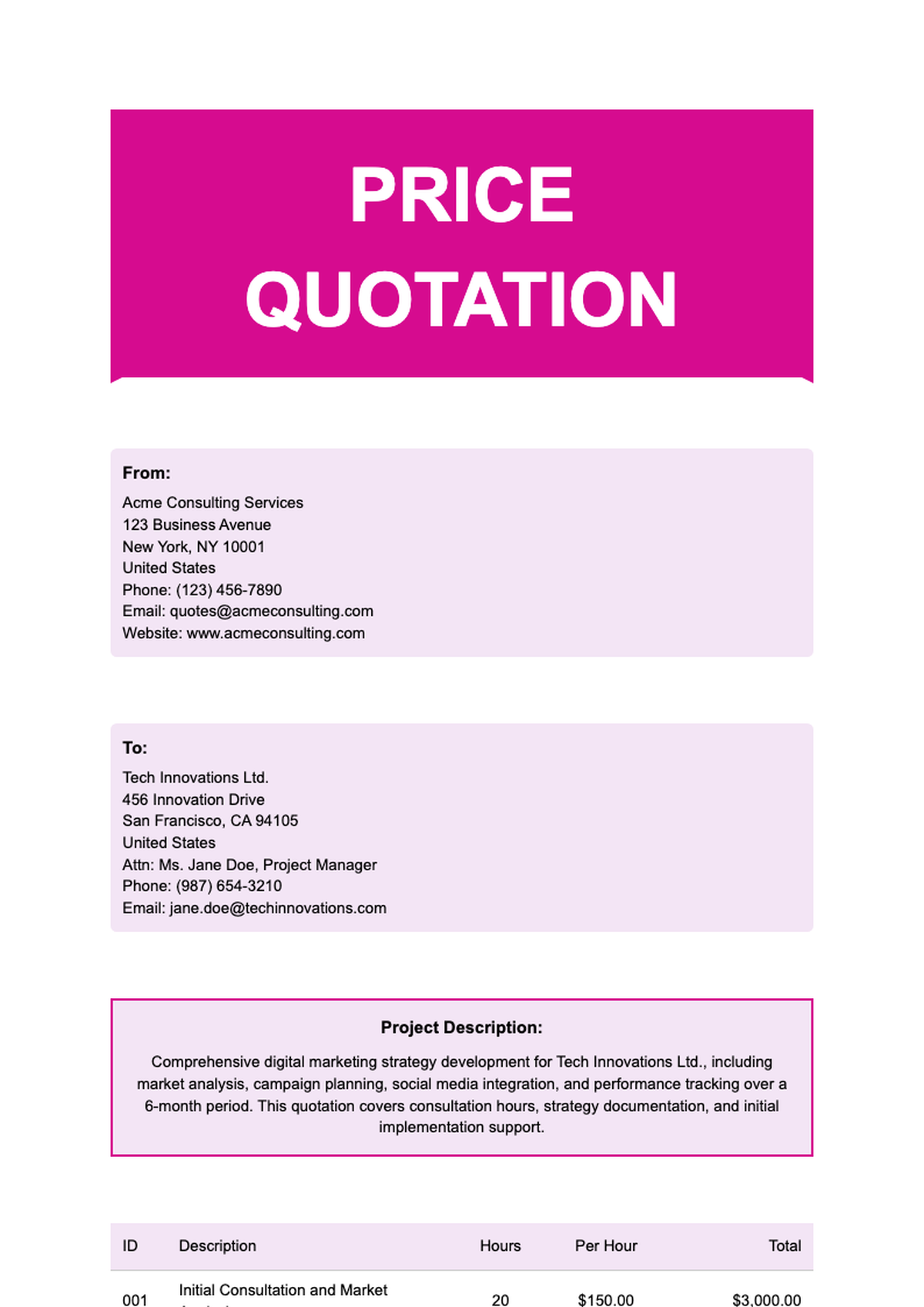Modern pink accent price quote template with itemized breakdown and tax calculation_variant_3